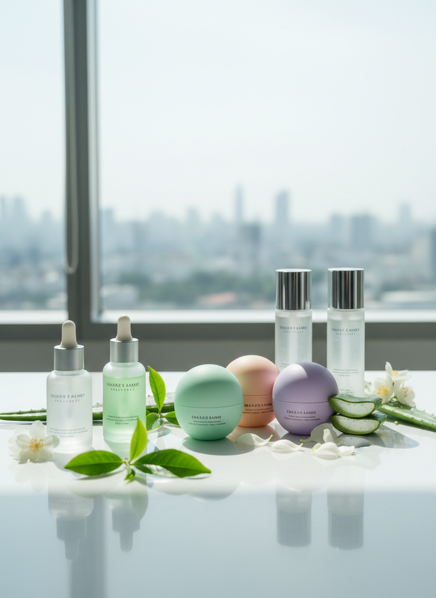 A collection of elegant skincare and makeup products arranged on a spotless white laboratory-style counter, featuring frosted glass serum bottles, matte pastel cream jars, and sleek silver-topped toners. Around them are artfully placed fresh green tea leaves, aloe vera slices, and delicate white flower petals, hinting at natural origins. In the distant background, a soft-focus skyline of Ho Chi Minh City is visible through a large window. Bright, diffused daylight streams in, creating clean reflections and gentle shadows. Photographic realism, shot at eye level with a shallow depth of field, emphasizing the product textures and clarity. The atmosphere feels professional, scientific, and trustworthy, with a minimalist, modern aesthetic that highlights science-based natural cosmetics.