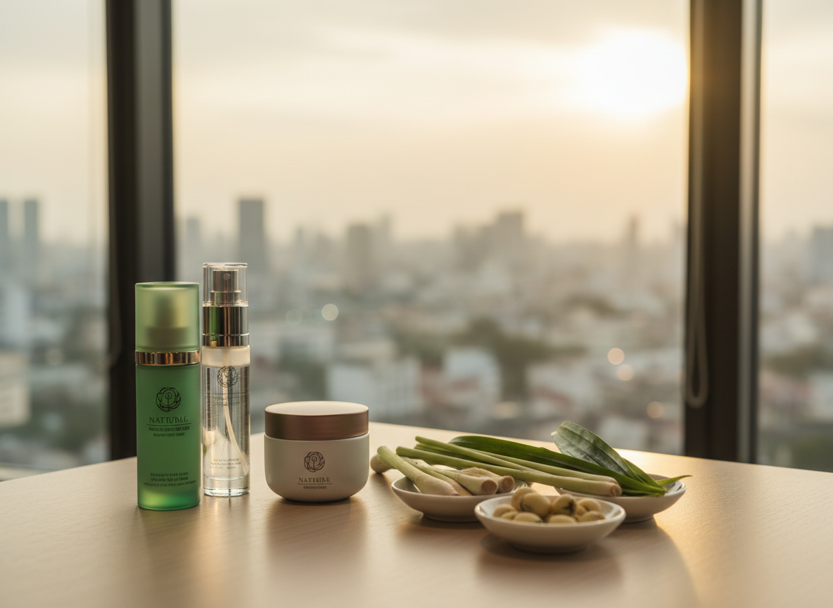 A serene, high-end vanity setup inside a modern Ho Chi Minh City apartment, focused on a curated selection of natural-science cosmetics. On a pale wooden vanity table sit a jade-green glass serum bottle, a satin-finish white cream jar, and a translucent mist spray, all with subtle metallic details. Nearby, small ceramic dishes hold fresh lemongrass, pandan leaves, and lotus seeds as natural ingredient cues. Through the large window, a softly blurred view of Saigon’s skyline at golden hour glows in the background. Warm, directional sunset light creates soft highlights on the product surfaces and gentle bokeh. Photographic realism, three-quarter angle, shallow depth of field, and a calm, luxurious atmosphere that communicates modern Vietnamese beauty rooted in nature and science.
