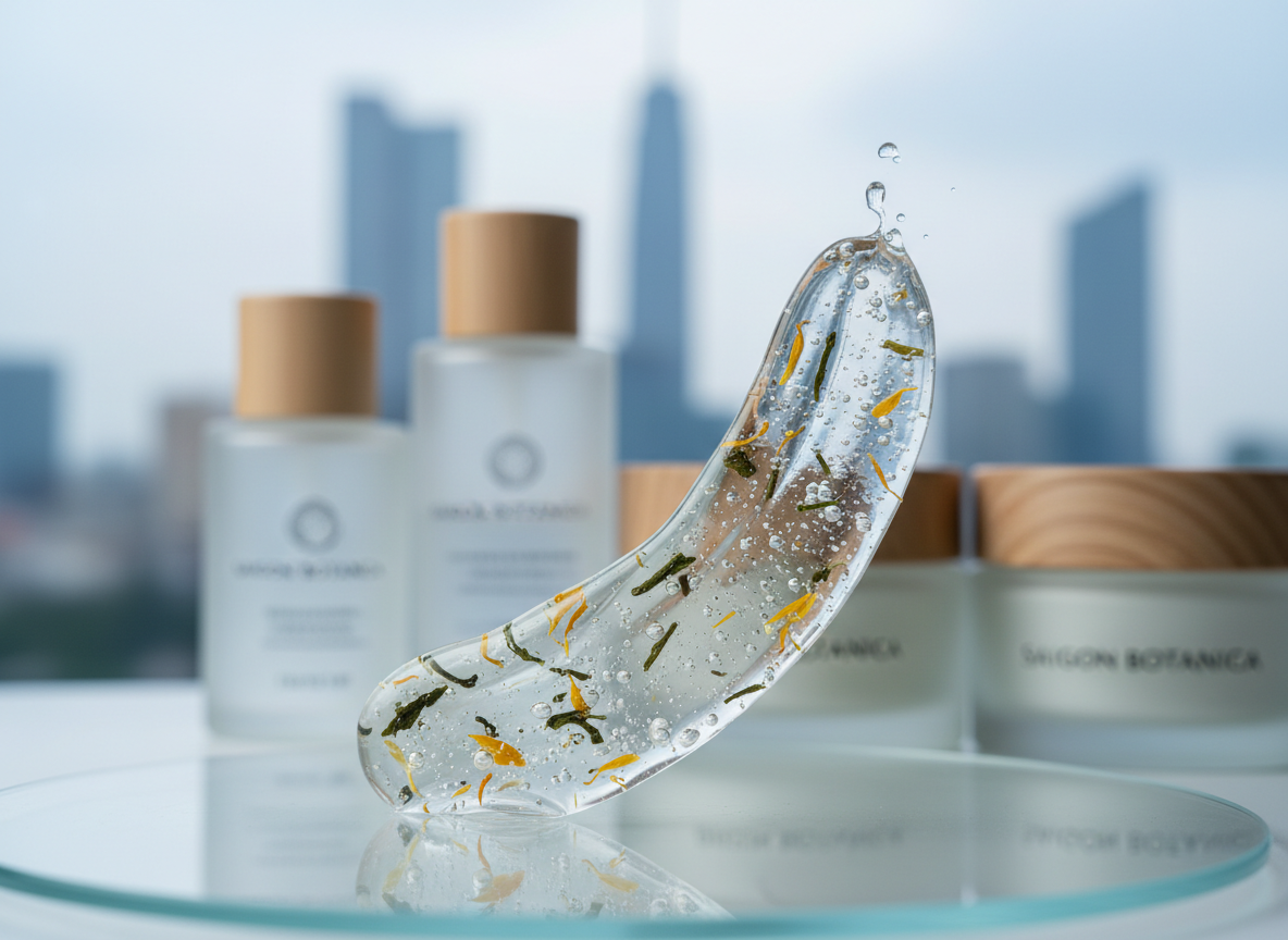 A detailed macro shot of a translucent gel-based cosmetic spread in a smooth curve across a clean glass plate, tiny suspended botanical particles visible within. In the background, softly out of focus, stand a few minimalist bottles and jars, plus a faint silhouette of Ho Chi Minh City’s skyline hinted through a window reflection. Cool, diffused studio lighting from above accentuates the glossy texture, micro-bubbles, and clarity of the formula. Photographic realism with extreme close-up, shallow depth of field, and a clean, clinical composition. The mood is precision-driven and professional, emphasizing the scientific quality and natural purity of the product formulation for a Vietnamese cosmetics brand.