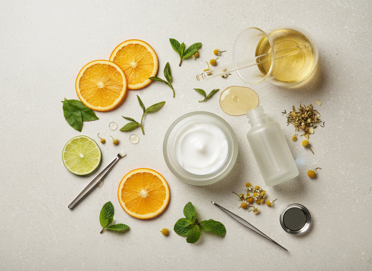 A close-up, photographic-realistic flat lay of scientifically formulated natural cosmetics on a pale stone surface: a transparent beaker pouring a golden botanical oil into a clear dropper bottle, beside creamy white moisturizer in an open jar with a smooth swirl. Surrounding them are neatly arranged natural ingredients like sliced citrus, green tea leaves, and chamomile flowers, balanced with subtle metallic lab instruments. Soft overcast studio lighting creates gentle, even illumination with delicate shadows, emphasizing textures and purity. Shot from a straight bird’s-eye view with precise composition and ample negative space, the mood is calm, clean, and professional, conveying the fusion of science and nature in premium Vietnamese cosmetics.