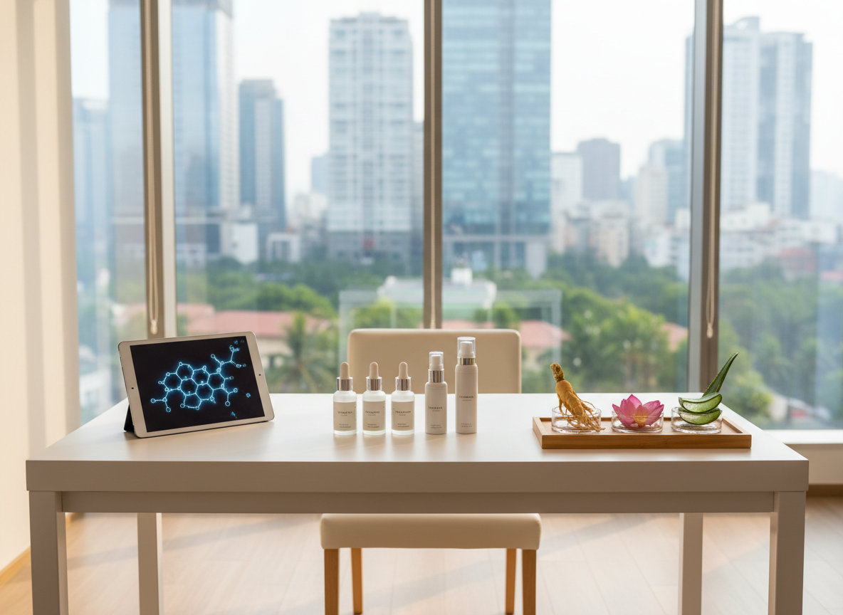 A modern cosmetic consultation setting without people, showing a pristine white desk in a high-end Ho Chi Minh City spa-office. On the desk are organized skincare products in frosted glass bottles and airless pumps, alongside a tablet displaying a scientific molecule diagram and a small tray of neatly labeled botanical samples like ginseng root, lotus petals, and aloe vera. Through the large floor-to-ceiling window, blurred views of Ho Chi Minh City high-rises and tropical trees appear. Warm, diffused afternoon light fills the room, creating a welcoming yet clinical atmosphere. Photographic realism, eye-level perspective, balanced composition, and soft depth of field highlight professionalism and science-based natural beauty care.