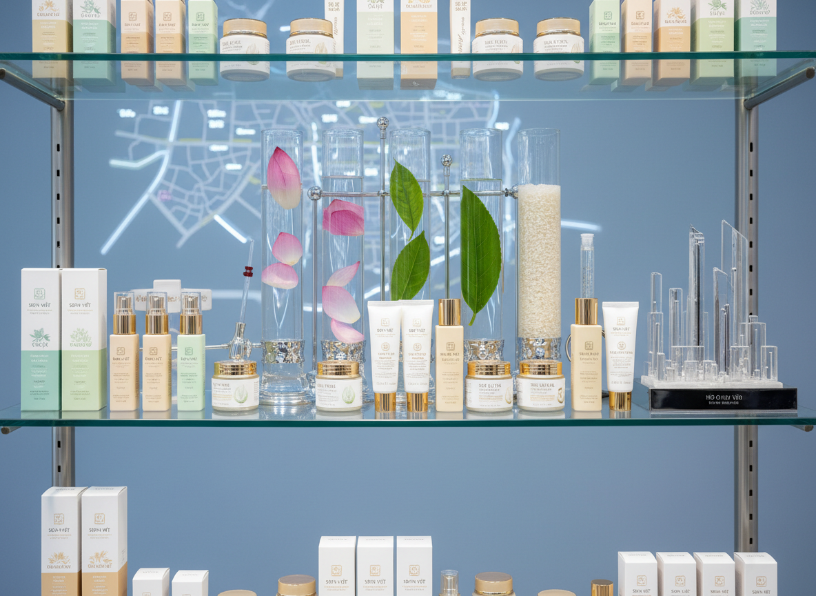 An ultra-clean laboratory shelf dedicated to natural Vietnamese cosmetics, showcasing rows of coordinated product lines in soft beige, mint, and white packaging with metallic accents. Behind the products, transparent glass cylinders hold suspended natural elements such as lotus flowers, green leaves, and rice grains in clear liquid, suggesting scientific extraction. Subtle references to Ho Chi Minh City appear through a blurred city map and a tiny stylized cityscape model on the shelf. Cool, bright studio lighting from above and the side casts precise, crisp reflections, reinforcing a high-tech yet organic mood. Photographic realism, slightly elevated frontal angle, sharp focus throughout, and a structured composition that feels professional, innovative, and trustworthy.